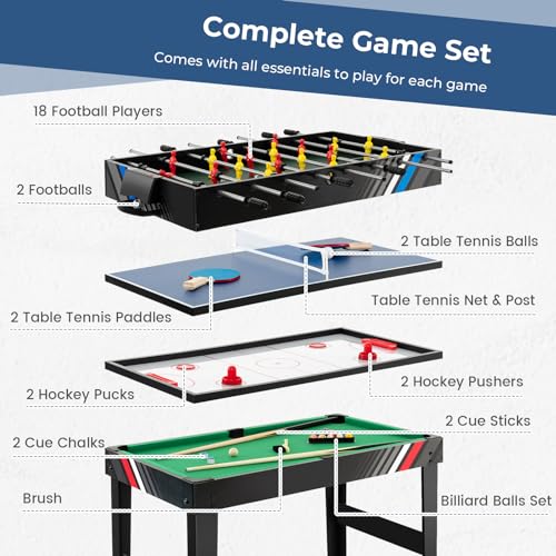 GYMAX 4 in 1 Multi Game Table, 49" Combo Game Table with Foosball Table, Pool Billiards, Air Hockey & Table Tennis for Kids Adults Family Game Room