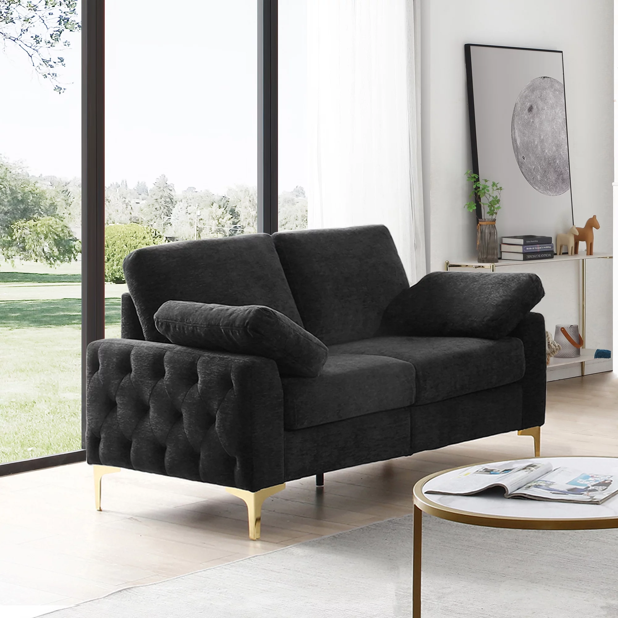 Modern Chenille Upholstered Loveseat, 2 Seater Tufted Sofa Couch with Arm Pillows Metal Legs Removable Cushions for Living Room Bedroom Apartment