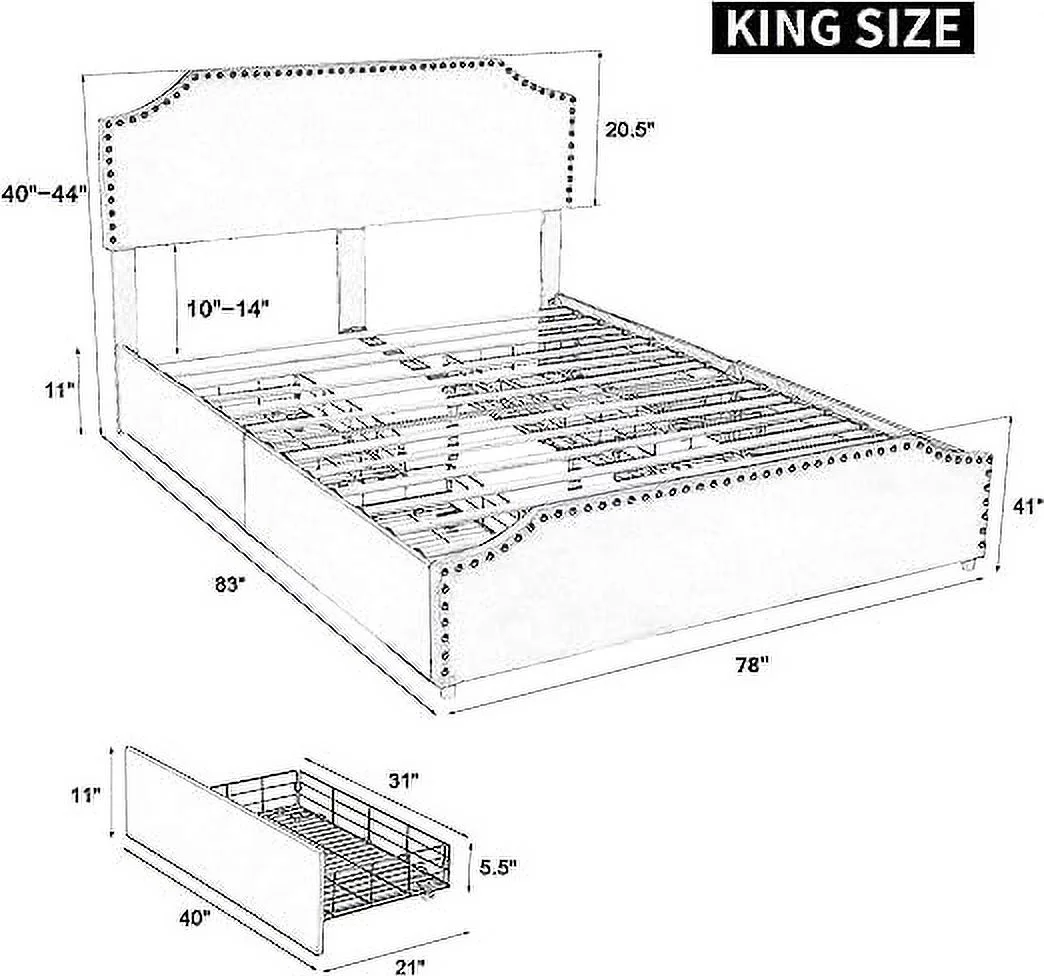 AMERLIFE King Size Bed Frame with 4 Storage Drawers and Headboard