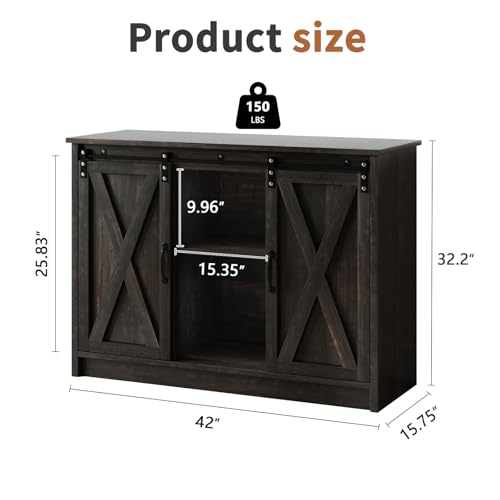 4 EVER WINNER Coffee Bar Cabinet with Sliding Barn Doors, 42” Sideboard Buffet Cabinet with Storage