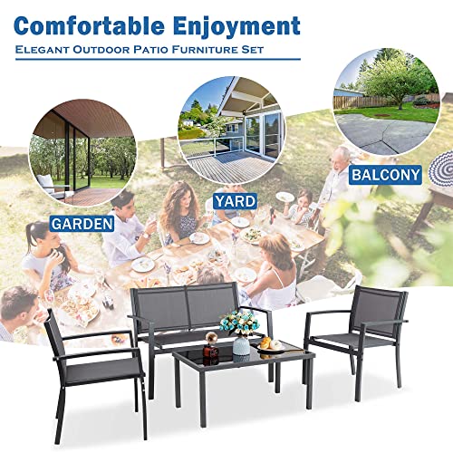 Vongrasig 4 Pieces Patio Furniture Sets,Outdoor Patio Conversation Sets with Glass Coffee Table, Small Porch Balcony Furniture