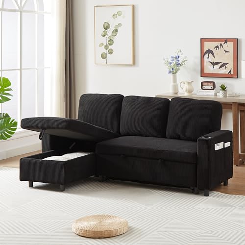 L-Shaped Pull Out Sleep Sofabed,Modern Reversible Sleeper Sectional Sofa Chenille Upholstered Button Tufted Decor with Storage Chaise