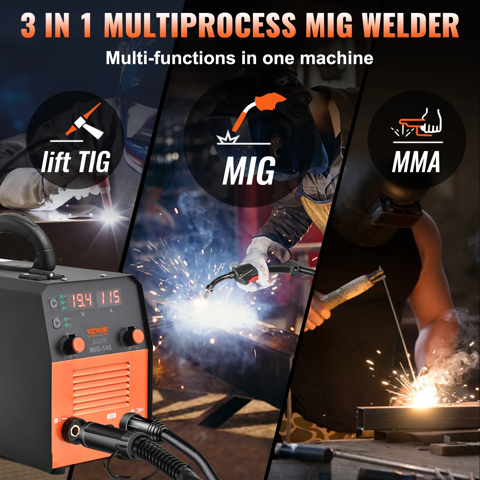 VEVOR 145A MIG Welder, 3 in 1 Combo Gasless MIG/Lift TIG/MMA with Welding Machine