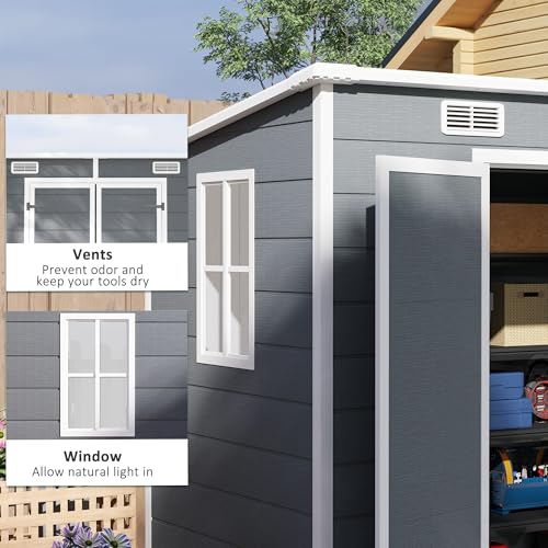 Outsunny 8' x 4' Outdoor Storage Shed, Resin Plastic Shed with Floor, Window, Lockable Doors and Vents, All-Weather Tool Shed for Backyard, Patio