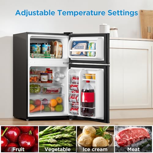 Midea WHD-113FB1 Double Door Mini Fridge with Freezer for Bedroom Office or Dorm with Adjustable Remove Glass Shelves Compact Refrigerator, 3.1 cu ft