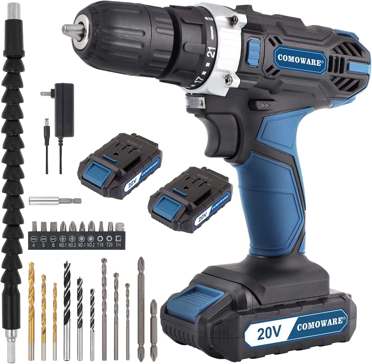 COMOWARE 20V Power Cordless Drill with 2 Li-ion Batteries & Fast Charger, 2 Variable Speed Drill Driver, 3/8” Keyless Chuck, 21+1 Torque Setting