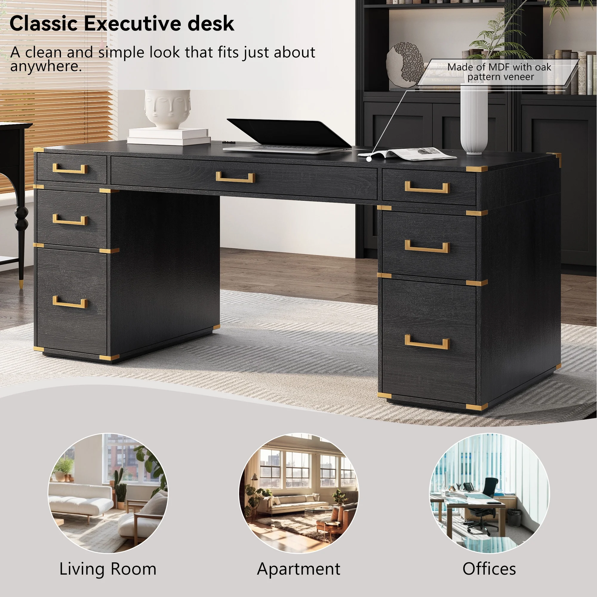 70"Classic and Traditional Executive Desk with Metal Edge Trim ,Writing Desk with 2 File Drawers,Usb Ports and Outlets