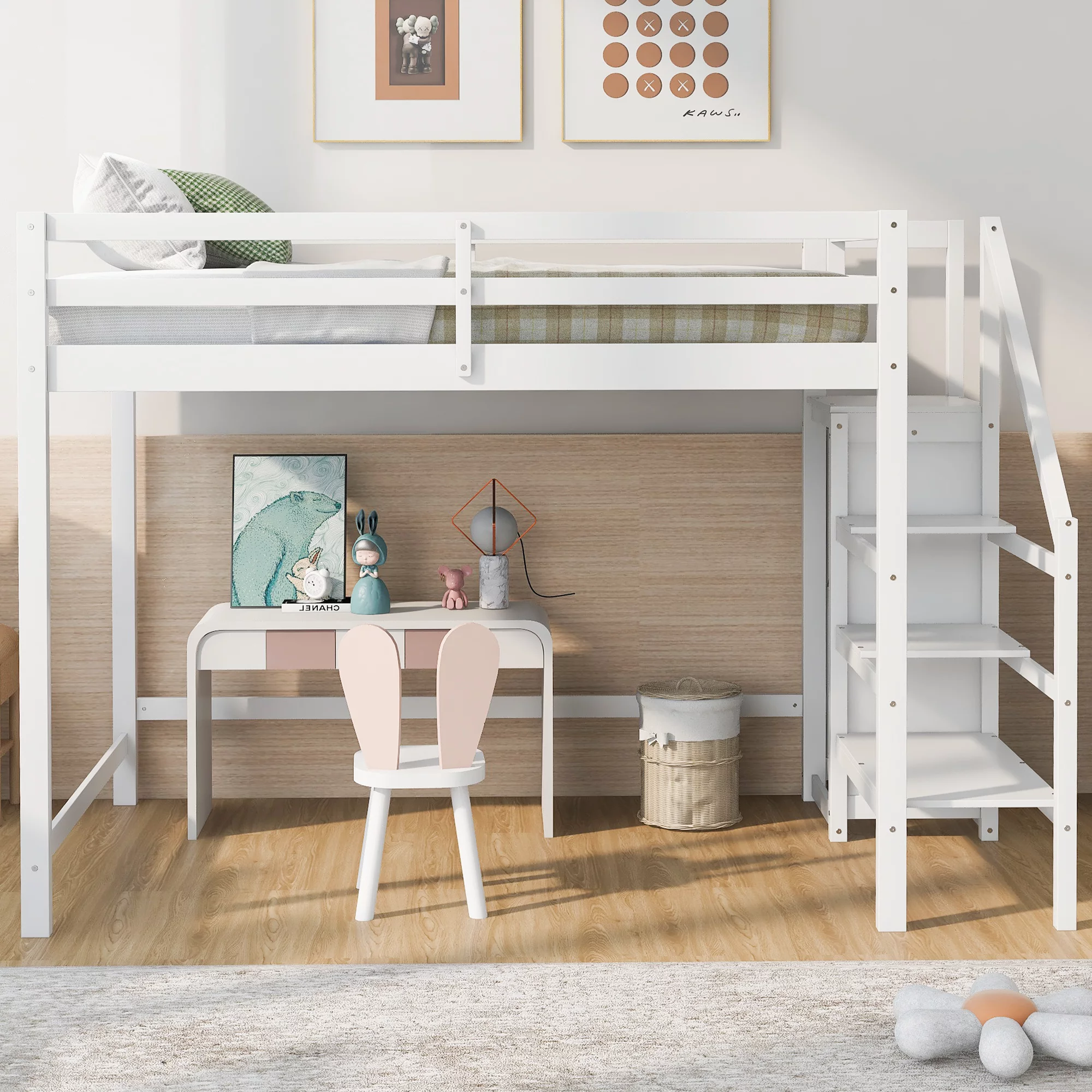 Bellemave Full Size Loft Bed with Storage Staircase Wooden Full Loft Bed Frame with Built-in Storage Wardrobe and Guardrails for Kids, Teens