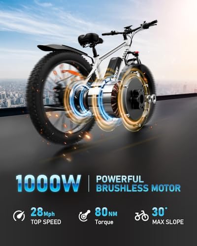 EB26 Electric Bike for Adults Peak 1500W Electric Bicycle 48V 15AH (720WH) Battery Electric Bike 26" Fat Tire Mountain 28mph 7 Speed Gears Ebike