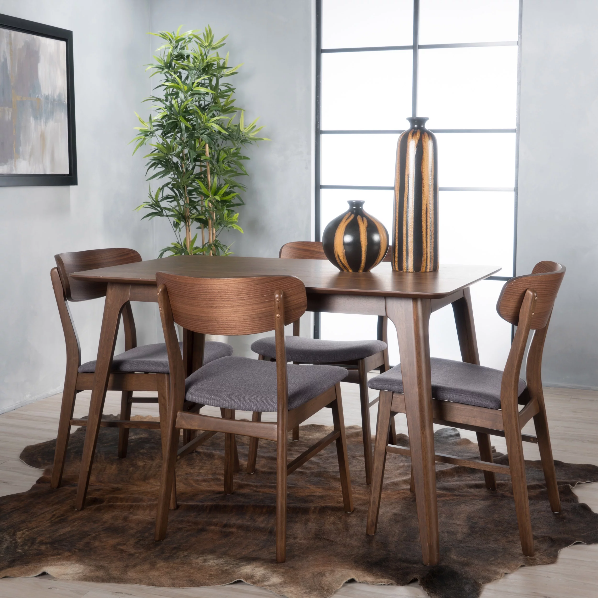 Noble House Harper Mid-Century Modern 5 Piece Dining Set, Dark Gray and Walnut