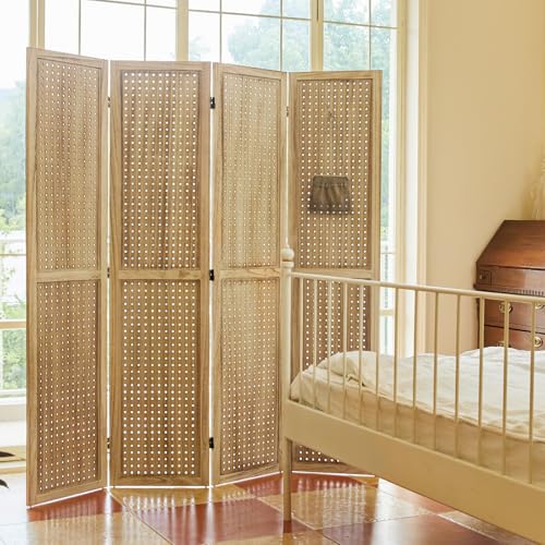 Pegboard Display, 5.6Ft Wooden Room Divider Folding Privacy Screens Portable Freestanding Wall Organizer for Retail Craft Art Display Board (4panels