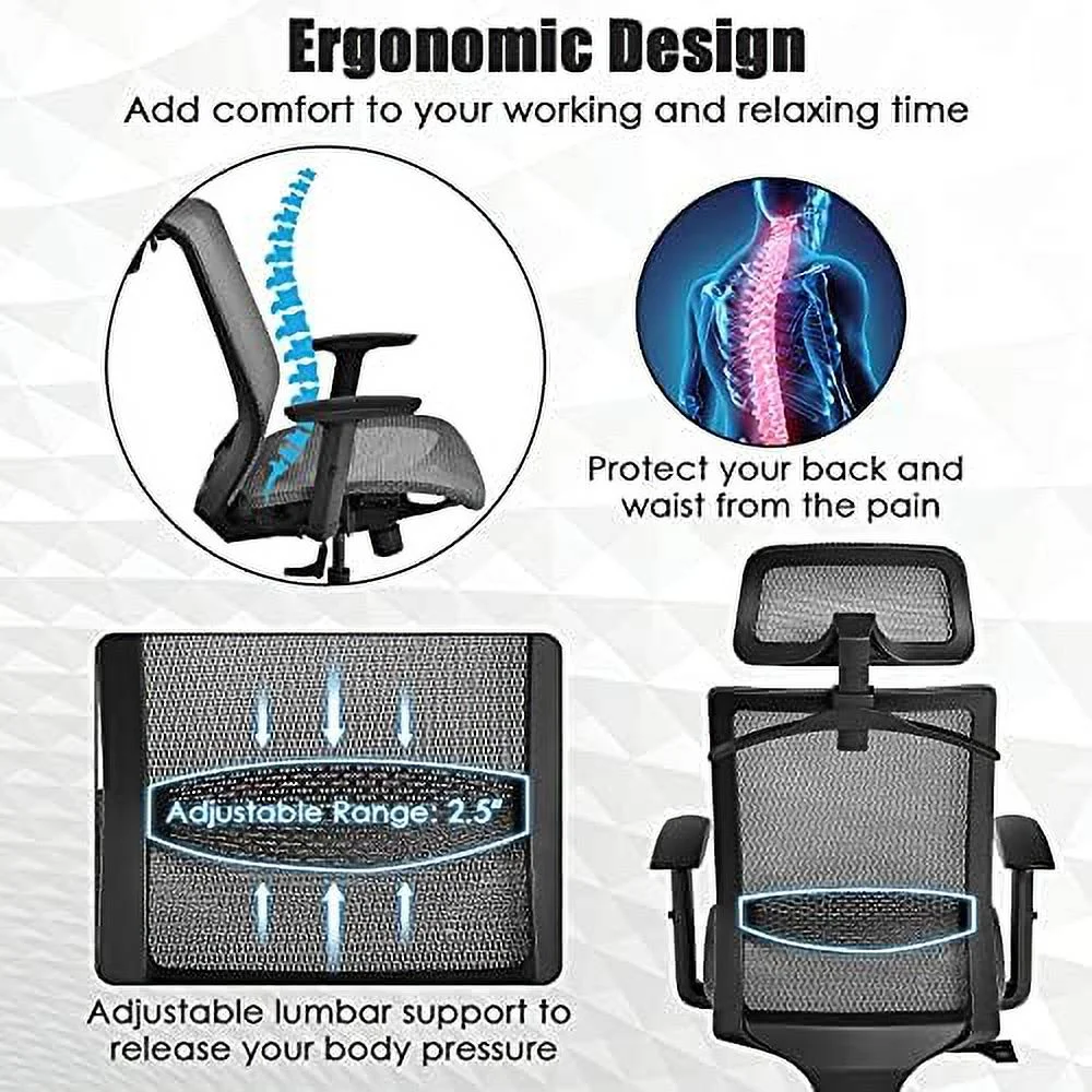 TJUNBOLIFE Ergonomic Mesh Office Chair  Swivel Executive Chair with Reclining High Backrest  Rotatable Headrest  Clothes Hanger and Lumbar Support