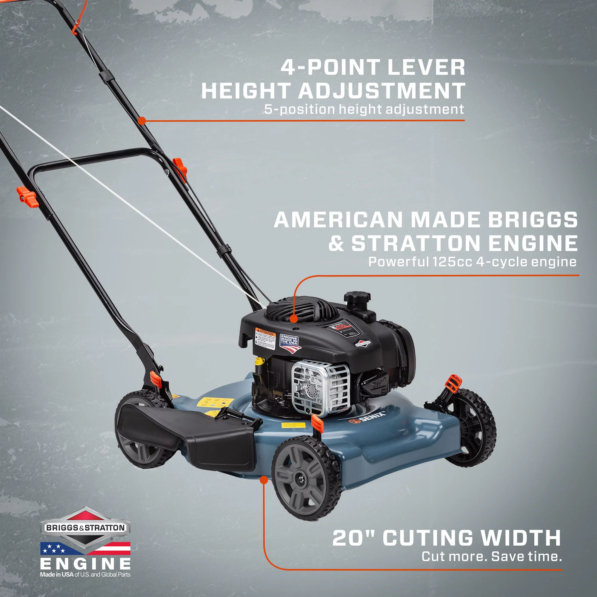 SENIX 20-Inch Gas Lawn Mower, 125 cc 4-Cycle Briggs & Stratton Engine, Push Lawnmower with Side Discharge, 5-Position Height Adjustment, LSPG-L3