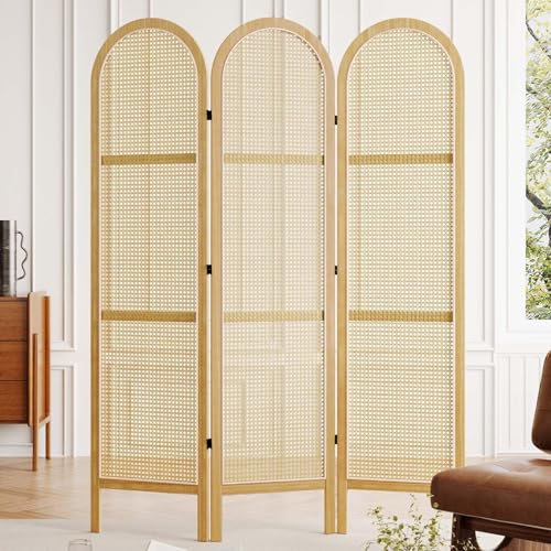 Room Divider and Folding Privacy Screens, Pine Wood 5.6 Ft Double Hinged Rattan Partition Freestanding Wall Room Divider for Home - 3 Panels