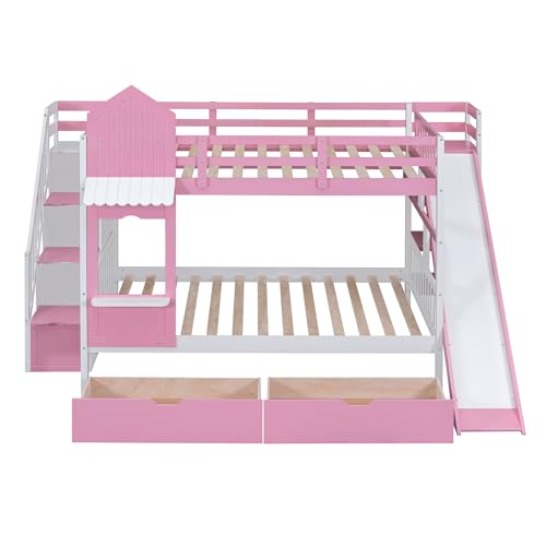 Harper & Bright Designs Twin Over Twin Bunk Bed with Stairs and Slide, Solid Wood Bunk Bed Frame with Storage Drawers and Bookshelf