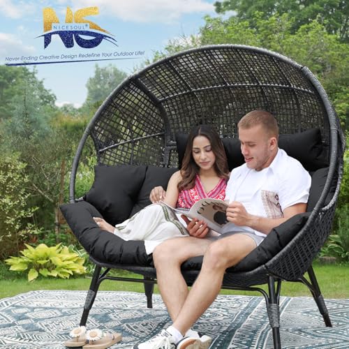 NICESOUL® Double Egg Chair Indoor Outdoor Stationary Oversized Thicken Padded Cushions, 2 Person Egg Loveseat Chair