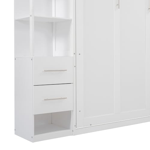 Ball & Cast Queen Size Murphy Bed,Murphy Bed Cabinet W/ 2 Five-Layer Cabinet,Hideaway Wall Bed W/LED Lights,Wood Hidden Bed Frame for Guest Room