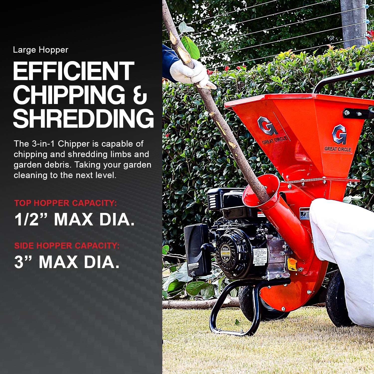 GreatCircleUSA Wood Chipper Shredder Mulcher Heavy Duty Gas Powered 3 in 1 Multi-Function 3" Inch Max Wood Diameter Capacity EPA/CARB Certified Aids
