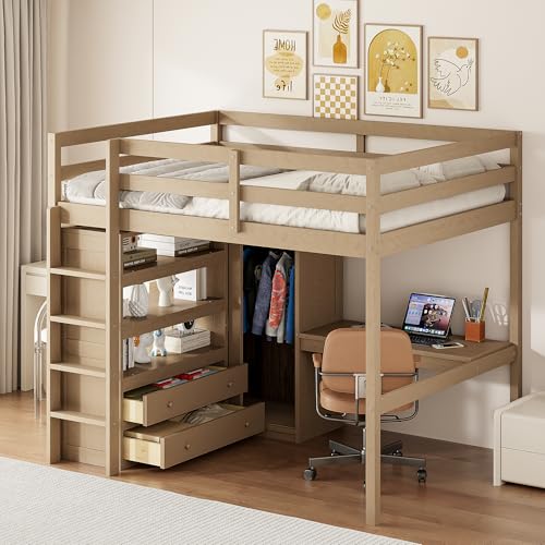 Harper & Bright Designs Full Size Loft Bed with Desk & Wardrobe, Wood Full Loft Bunk Bed with Storage Shelves and Drawers, No Box Spring Needed,White