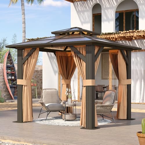Aoxun 12'x10' Hardtop Gazebo, Aluminum Frame Permanent Pavilion with Curtains and Netting, Outdoor Polycarbonate Double Roof Canopy