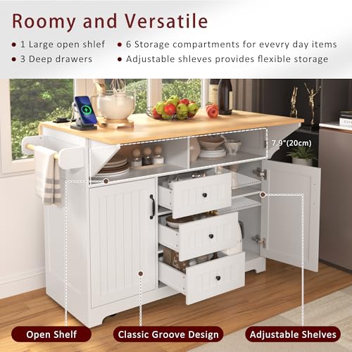 55.7'' Large Kitchen Island with 2 Drop Leaf, Rolling Kitchen Cart on 5 Wheels with Power Outlet