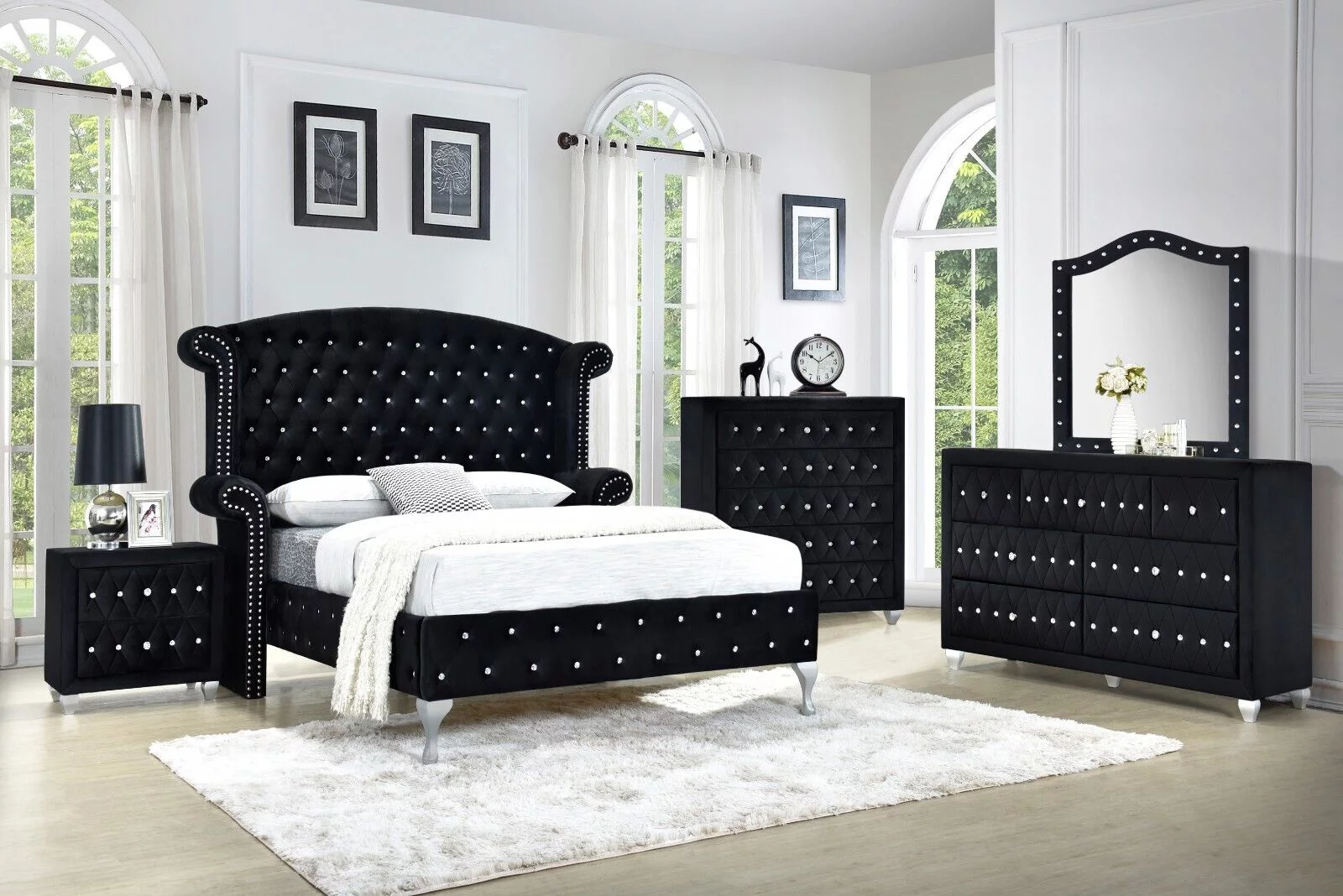 Modern 4Pc Queen Size Bed Dresser Mirror Nightstand Set Master Bedroom Furniture Black Velvet