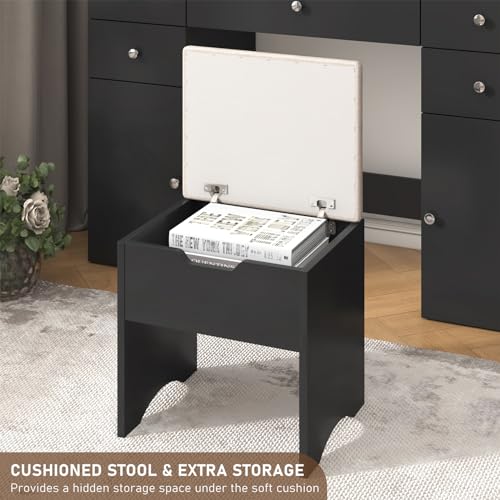 Vanity Desk with Lighted Mirror & Power Outlet, Makeup Vanity Table with 5 Drawers & 2 Cabinets, Large Vanity Set with Stool, Glass Top