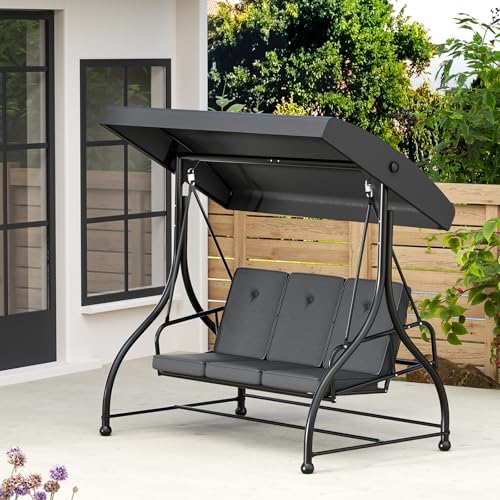 3-Seat Outdoor Porch Swing Glider with Adjustable Canopy, Patio Swings Bed with Removable Cushion for Porch, Backyard, Garden, Poolside, Balcony