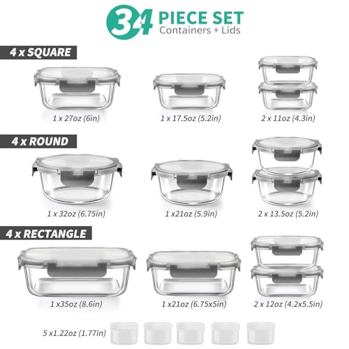 34pcs Glass Food Storage Containers with Lids Set, Airtight Glass Meal Prep Containers (17 Containers & 17 Lids),Leak Proof Lunch Containers BPA-Free