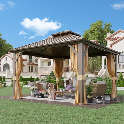 YOLENY 10' x 12' Hardtop Gazebo, Metal Gazebo with Aluminum Frame, Double Galvanized Steel Roof, Curtains and Netting Included