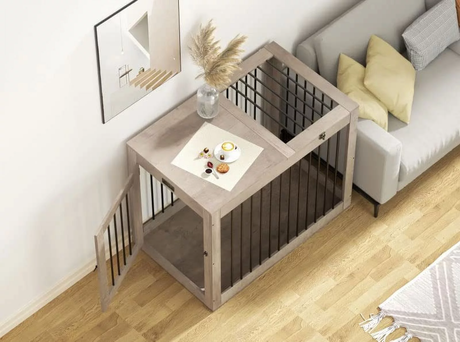 Furpezoo Large Dog Crate, Wooden Pet Kennel End Table, Dog Cage with 2 Doors, Gray, 40"L