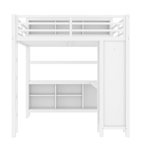 Queen Size Loft Bed with L-Shaped Desk and Wardrobe, Metal Loft Bed with Storage Cubes and Shelves, Heavy Duty Bed Frame for Kids Teens Adults, Black