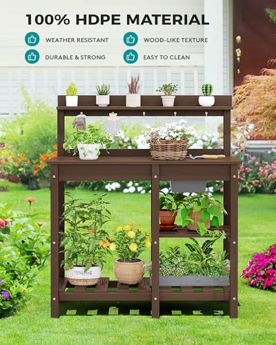 SERWALL Potting Bench Outdoor Potting Table with Sink, HDPE Potting Benches for Outside Gardening Table All Weather Use- Black