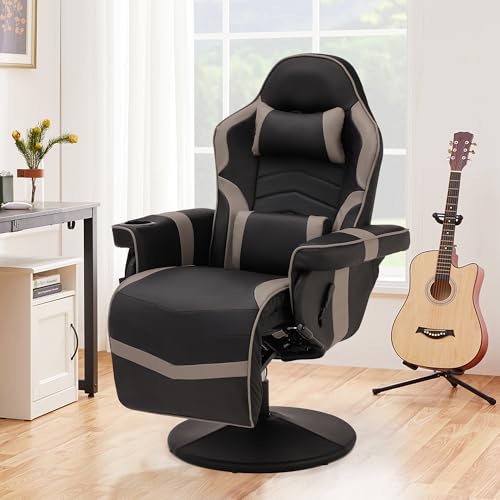Massage Gaming Recliner Chair with Cup Holder & Side Pockets – Ergonomic PU Leather Video Gaming Chair with Footrest, Manual Recline