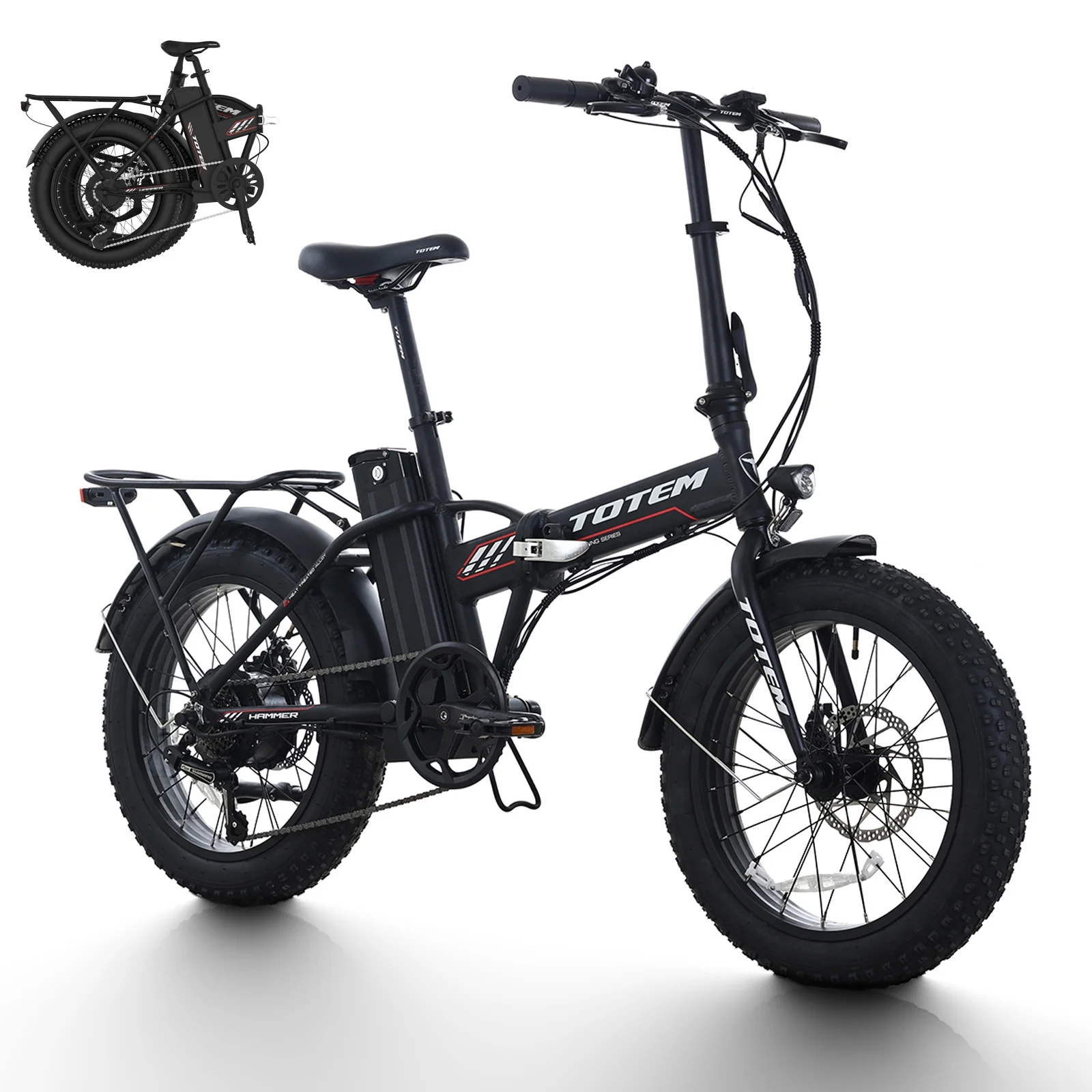 Totem Hammer Electric Bike for Adults, 20” x 4” Fat Tire Folding Ebike, 500W Powerful Motor Electric Folding Bike, 48V 10.4Ah Removable Battery