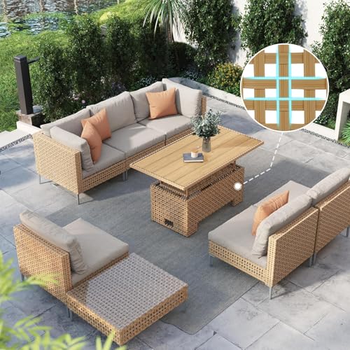 Grand patio 7-Piece Wicker Patio Furniture Set, Boho Outdoor Conversation Set Sectional Sofa with Water Resistant Thick Cushions and Coffee Table