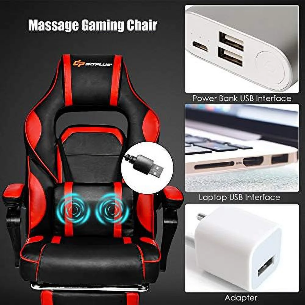 Massage Gaming Chair  Reclining Backrest  Seat Height Adjustment Racing Computer Office Chair with Footrest  Ergonomic High Back PU Swivel Game Chair