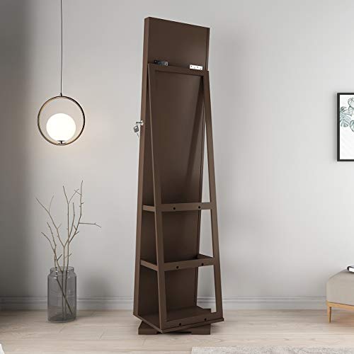 SDHYL Rotating Jewelry Cabinet with Mirror, Full Length Wooden Storage Armoire with Lock