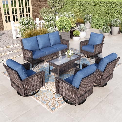 HERA'S HOUSE High Back Patio Furniture Set with Swivel Chairs, Outdoor Wicker Conversation Sets with 5.5" Comfy Cushions, 4 Piece Outside Sofa Sets
