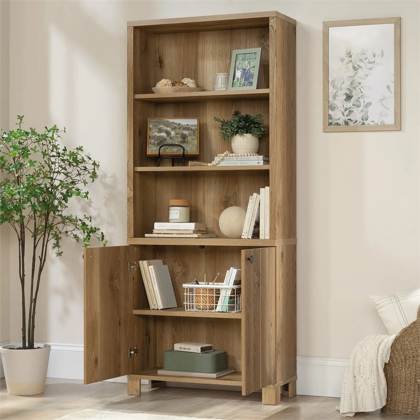 Sauder Rosedale Ranch Engineered Wood Library with Hidden Storage in Timber Oak
