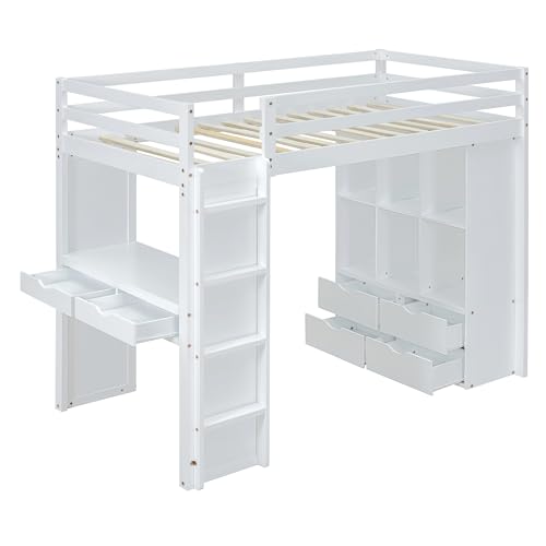 Full Size Loft Bed with Desk & Wardrobe, Solid Wood Kids Loft Bedframe w/3 Storage Drawers & 2 Shelves, Maximum Space Design, for Bedroom, Dorm, Gray