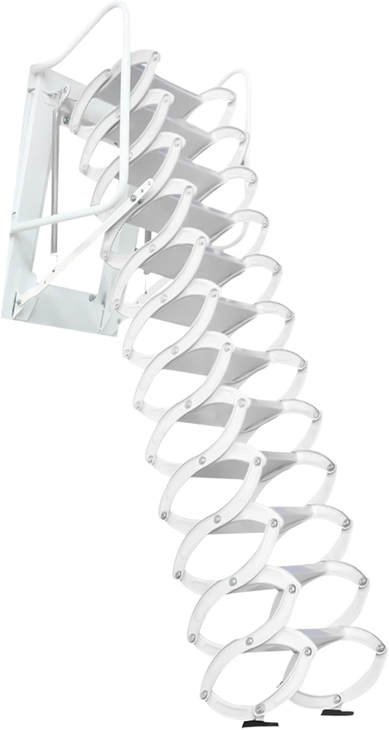 12 Steps Folding Loft Ladder with Pull Down System, 122in Height Wall-Mounted Attic Stairs Telescopic Ceiling Ladder for Attics, Garages, Out