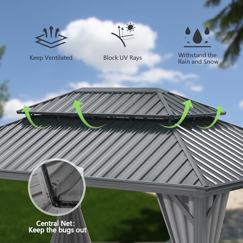Domi 10’ x 10’ Hardtop Gazebo Metal Frame Canopy with Netting & Curtains