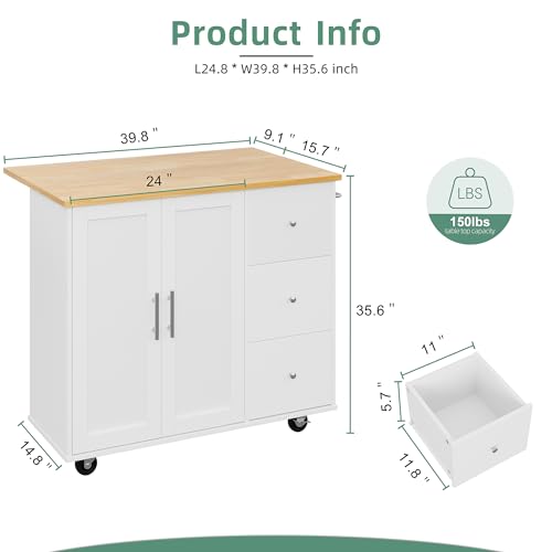 Shintenchi Rolling Kitchen Island Cart with Folding Drop Leaf Breakfast Bar, Portable Trolley Island with Large Storage Cabinet, Shelf and Drawer