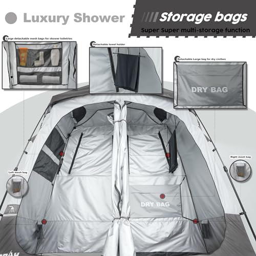 Camping Shower Tent Deluxe Changing Room Easy Set Up Privacy Shelter,Large Toilet Tent 2 Rooms with Floor Drain Design for Beach, Camping