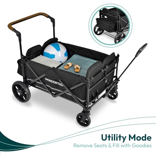 WONDERFOLD X4 Push & Pull Stroller Wagon (4 Seater) - Collapsible Wagon Stroller with Seats with 5-Point Harnesses, Adjustable Push Handle