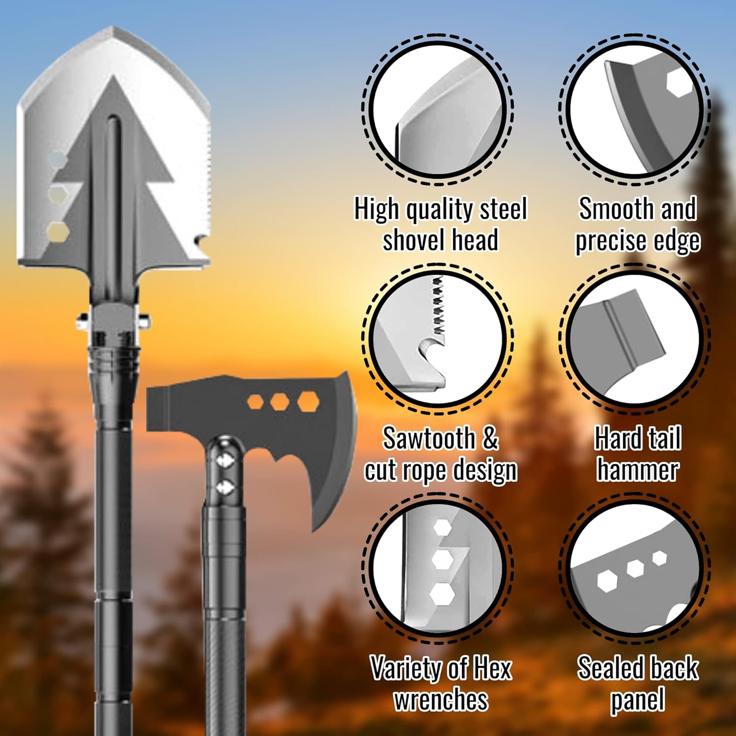 Camping Shovel and Multitool Set for Backpacking | Lightweight