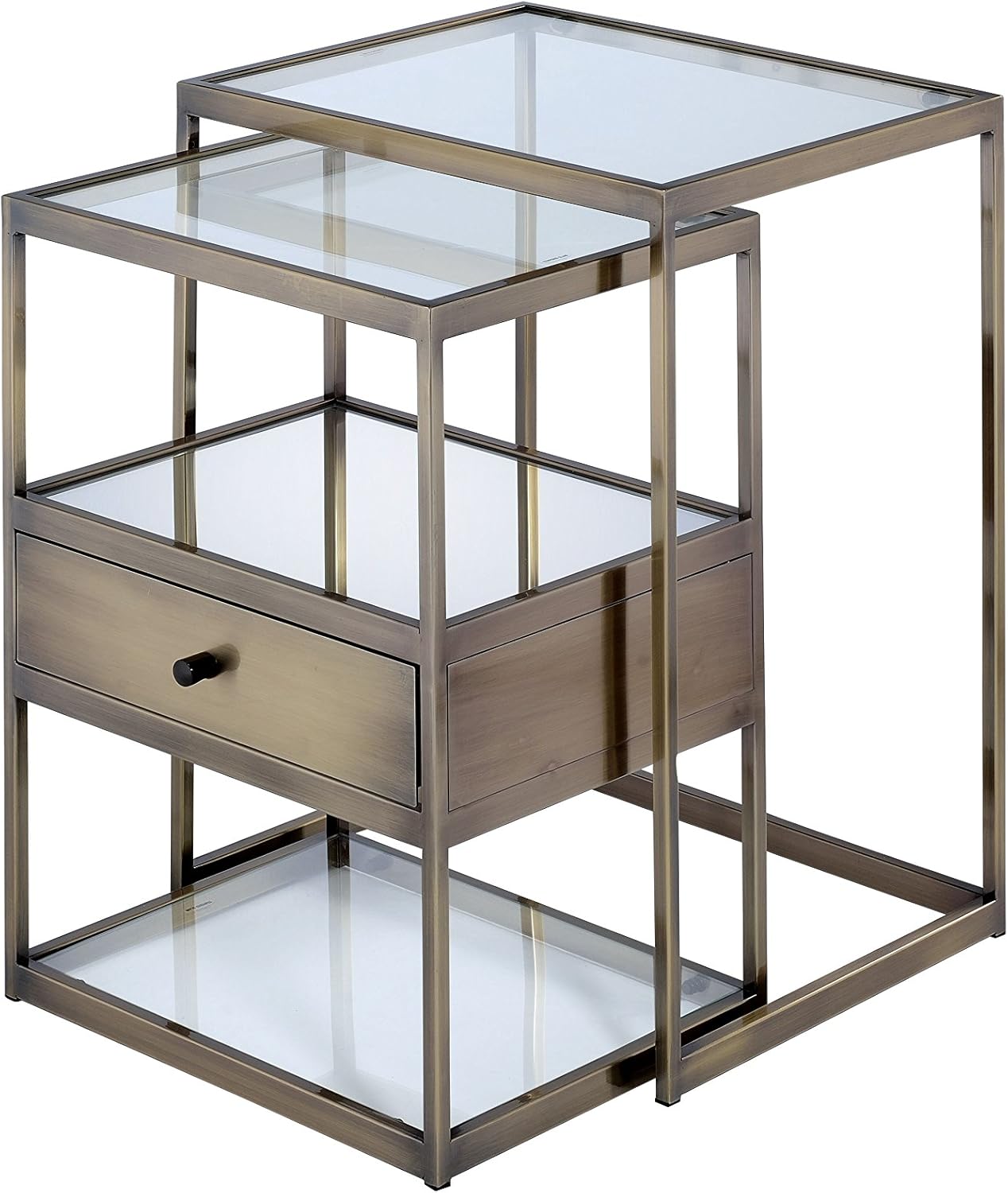 ACME Enca Antique Brass and Glass Nesting Tables Set 2 Piece