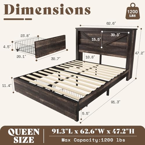 AMERLIFE 47.2" H King Bed Frame with Hidden Space Bookcase Headboard and Charging Station, Beds with 2 Storage Drawers and Wood Slats