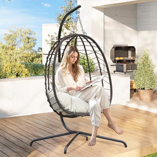 Hanging Egg Chair with Stand, Swinging Egg Chair Outdoor Indoor, Hanging Basket Chair with Cushion